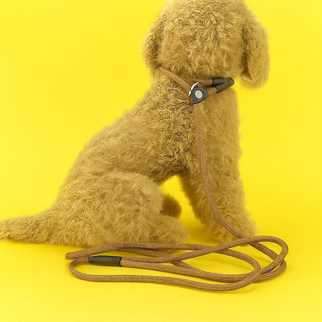 Dog with a brown leash on a yellow background