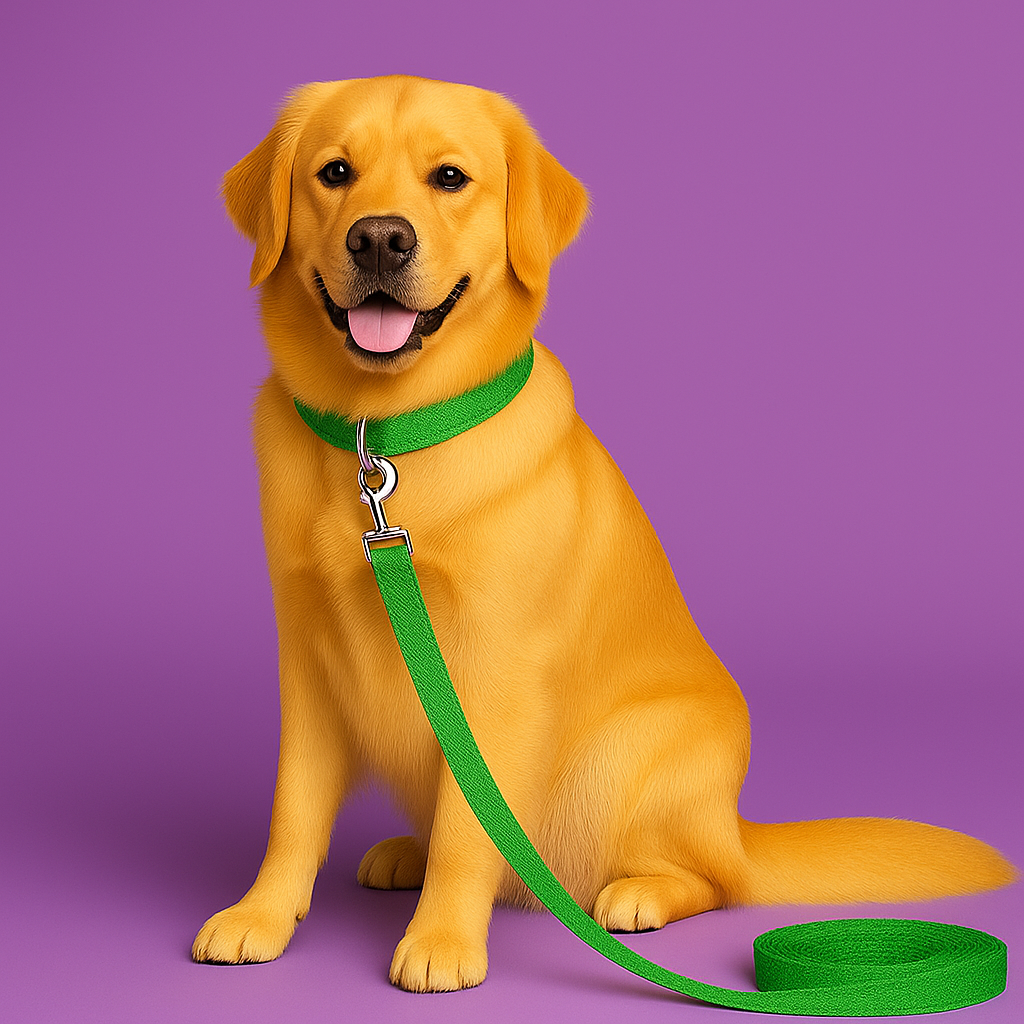 Dog with a green collar and leash on a purple background