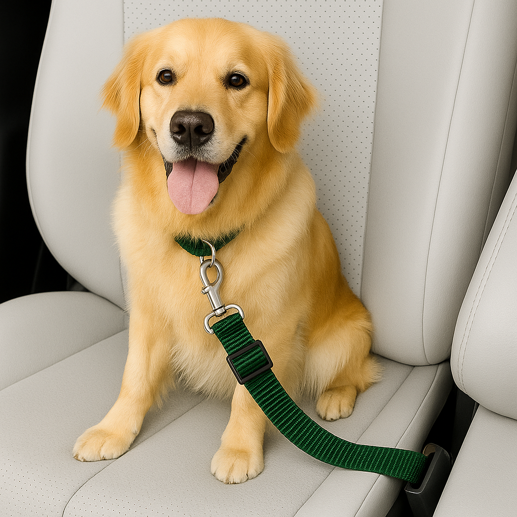Dog with a green leash sitting in a car seat with pet seat belt