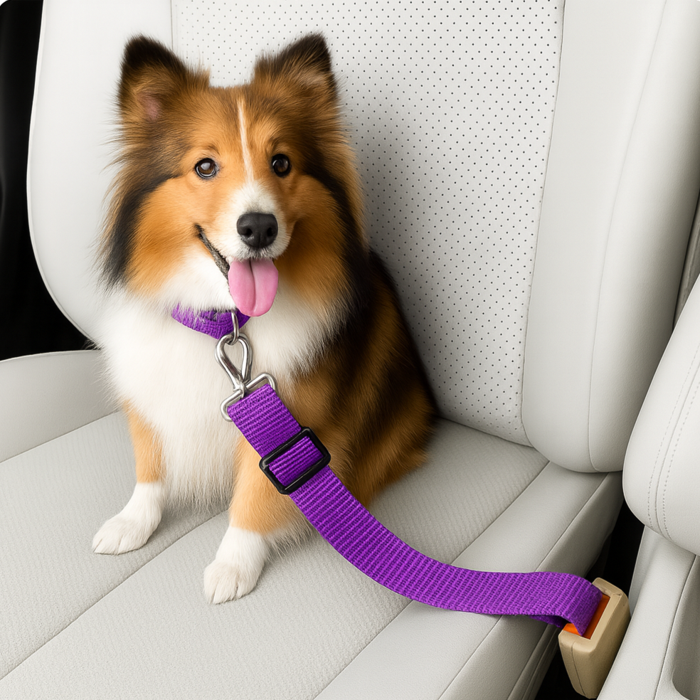 Dog with a purple pet car seat belt in a car seat