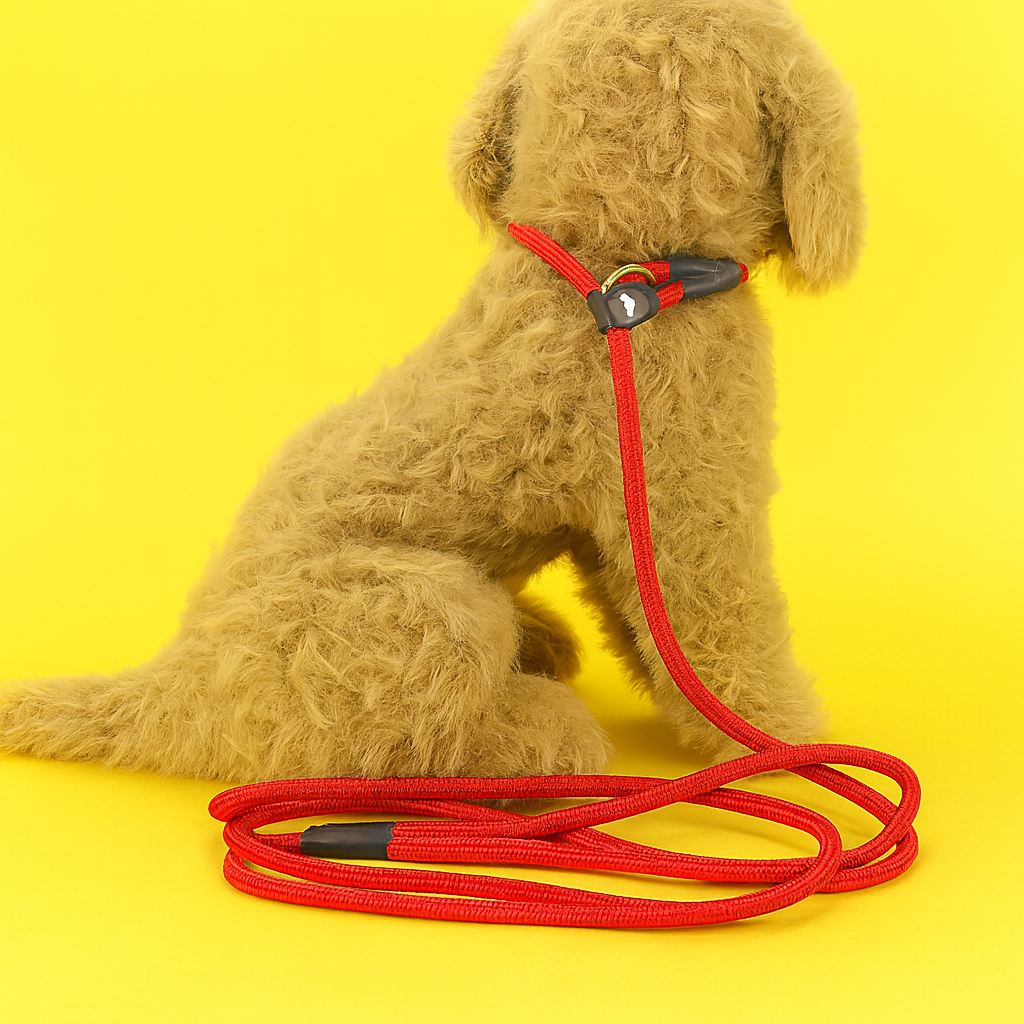 Dog with a red leash on a yellow background