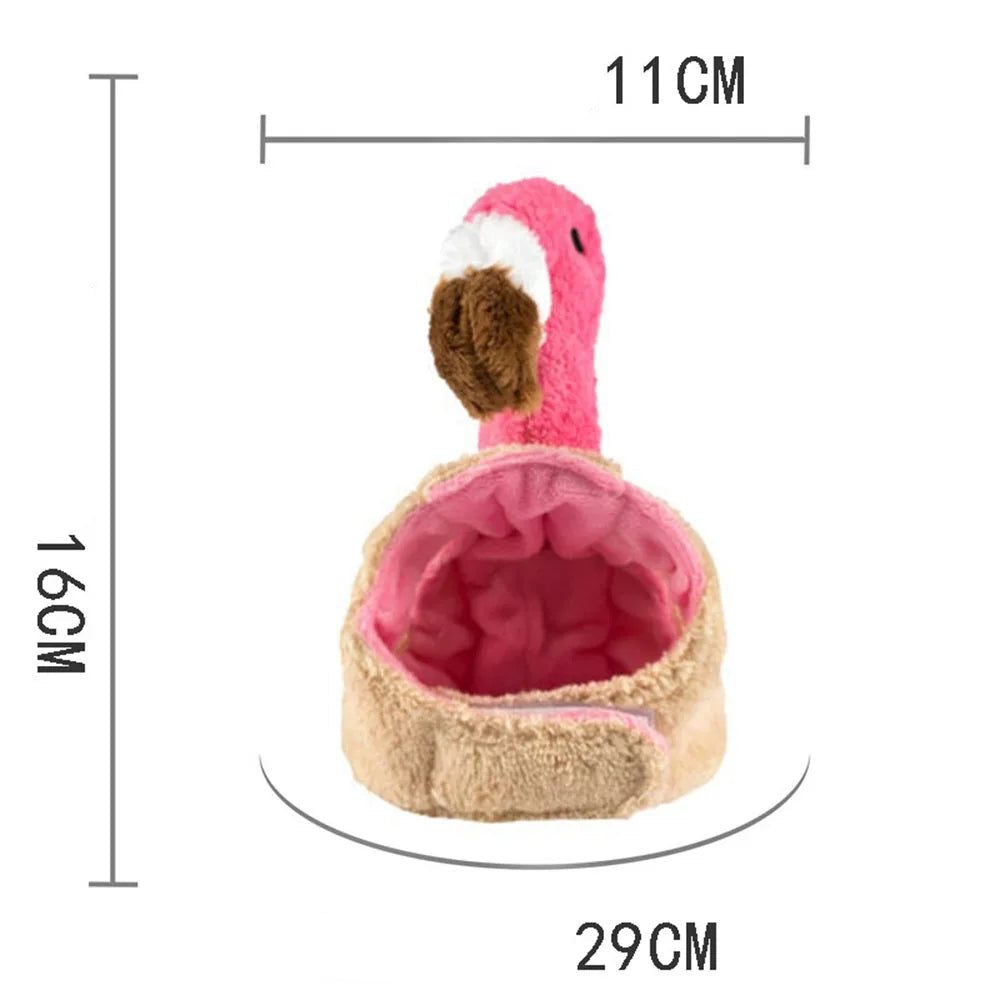 Flamingo-shaped pet hat with dimensions on a white background