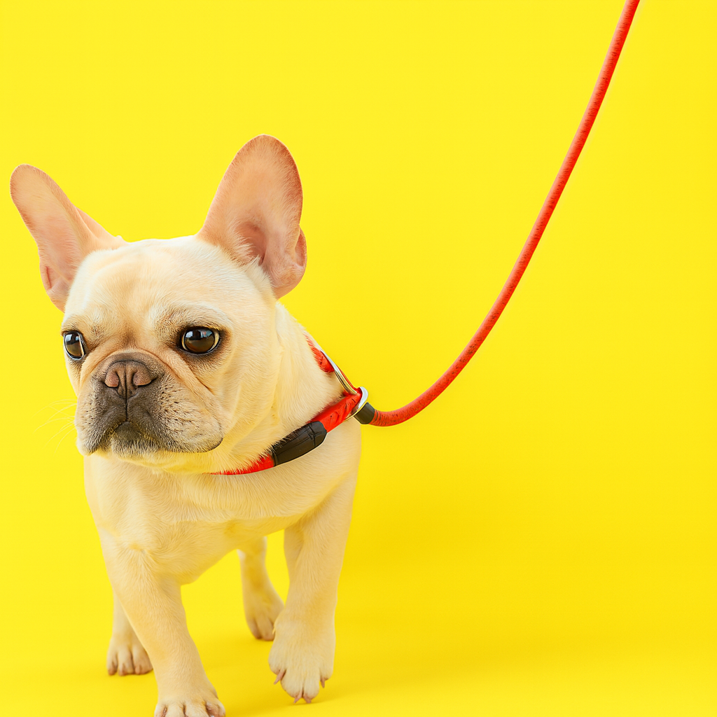 French bulldog on a red leash against a yellow background