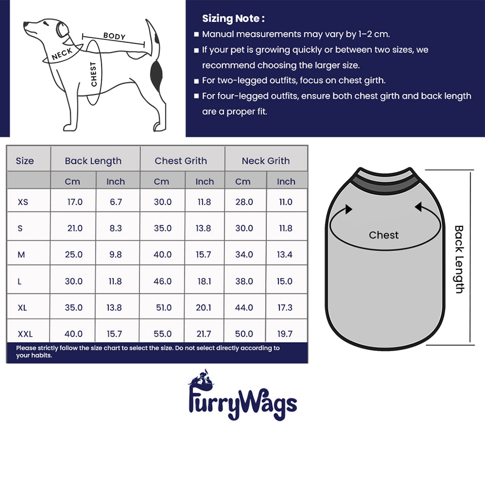 FurryWags size chart for dog clothing with measurements and a diagram of a dog wearing a shirt.