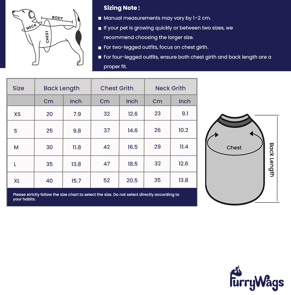 FurryWags size chart for dog outfits with measurements and a diagram of an outfit.