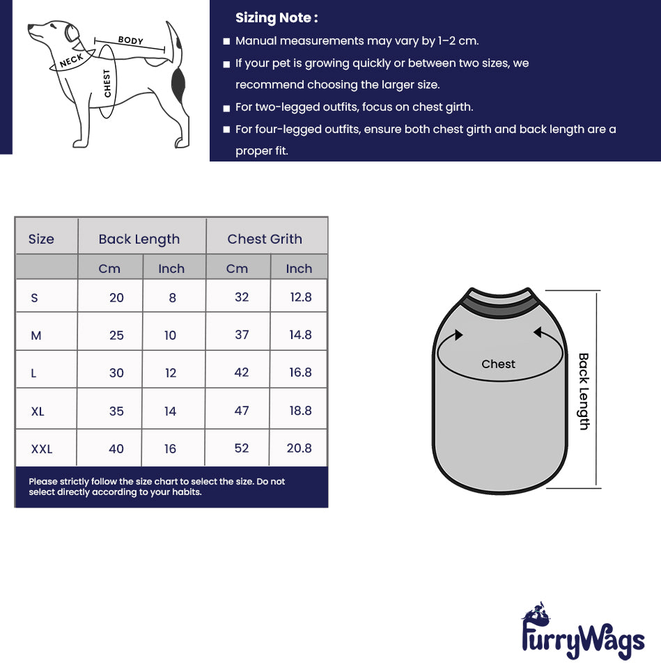Furry Wags dog clothing size chart with measurements and a diagram of an outfit.