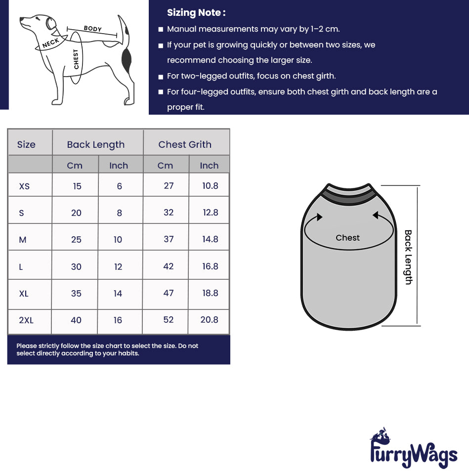 Furry Wags dog clothing size chart with measurements and a diagram of an outfit, pet supplies at furrywags