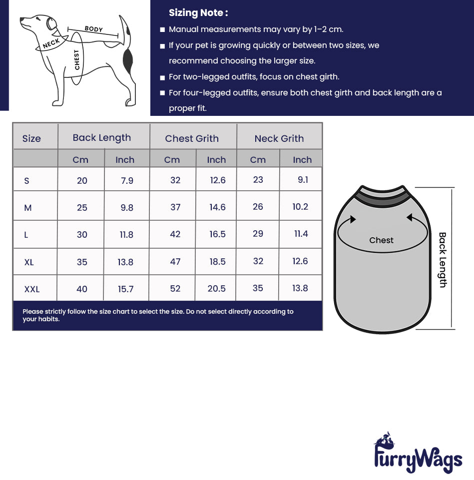 Furry Wags size chart for dog clothing with measurements and a diagram of a dog wearing an outfit.