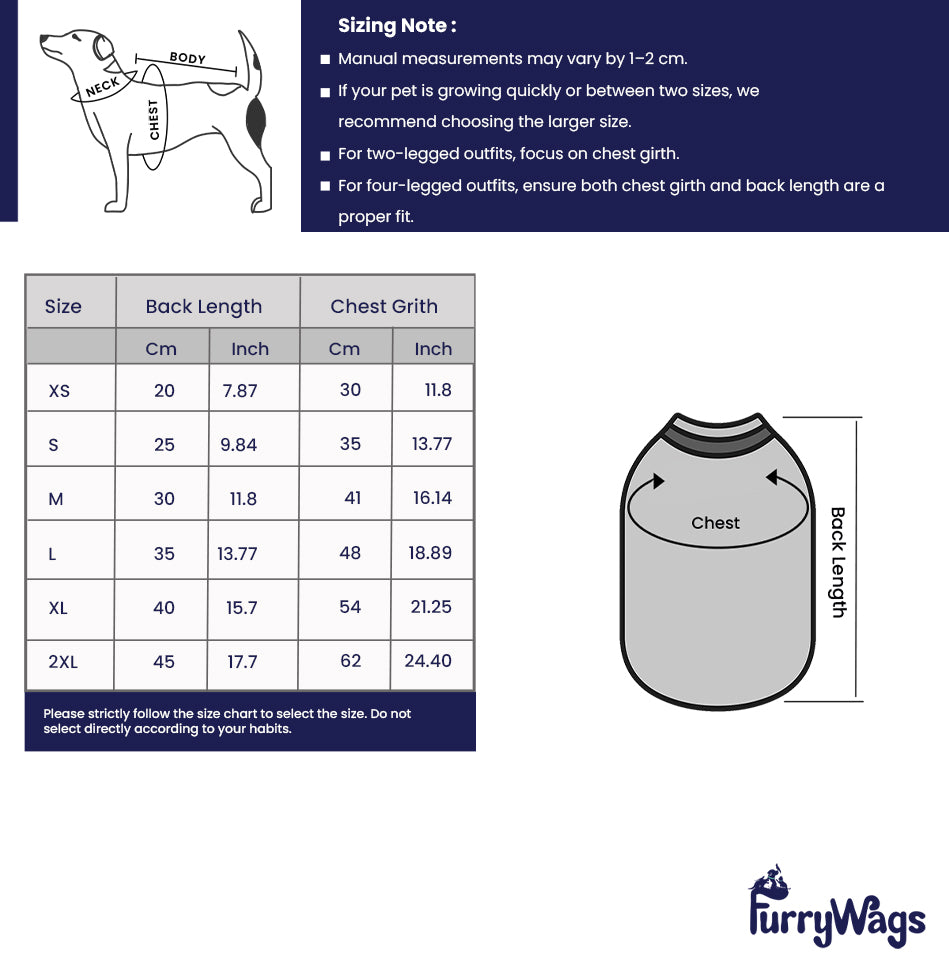 Furry Wags size chart for dog outfits with measurements and a diagram of an outfit.