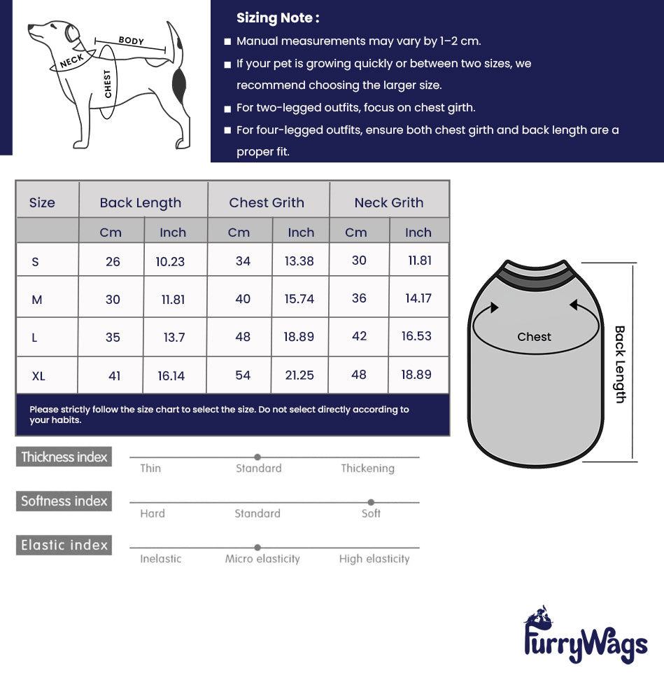 Furry Wags size chart for pet clothing with measurements and illustrations.