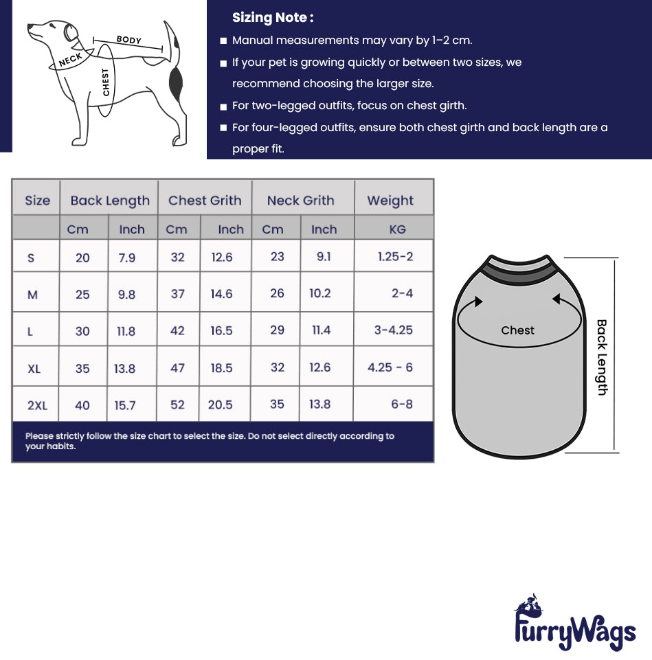 Furry Wags size chart for pet outfits with measurements and a diagram of an outfit.