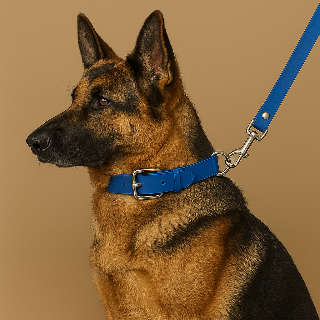 German Shepherd wearing a blue collar and leash on a beige background