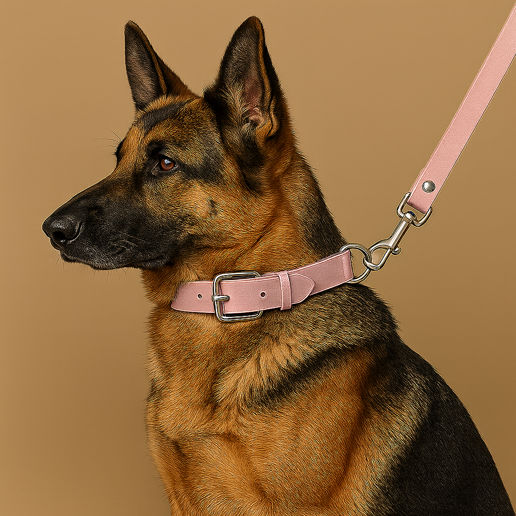 German Shepherd wearing a pink collar and leash on a beige background
