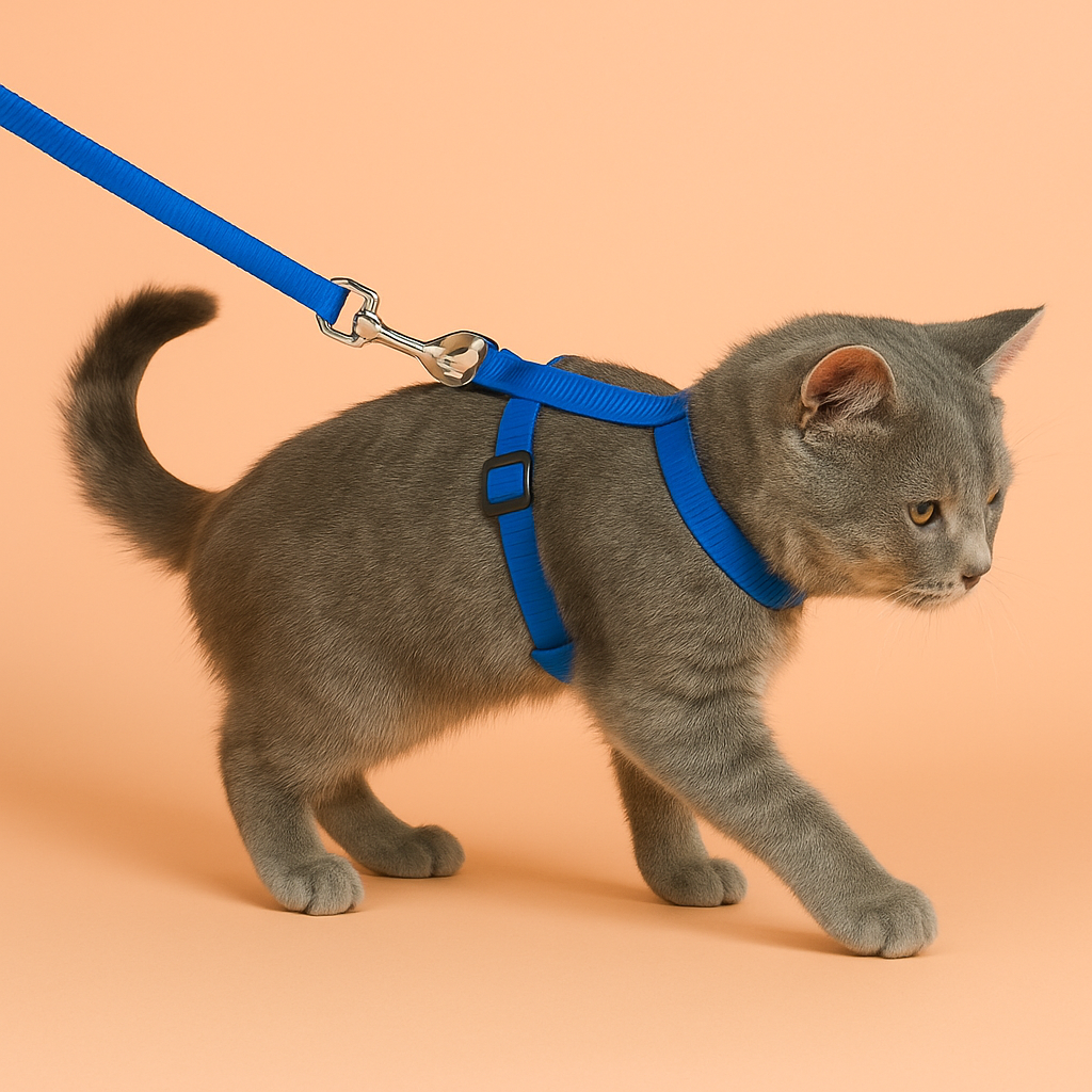 Gray cat wearing a blue harness and leash on an orange background