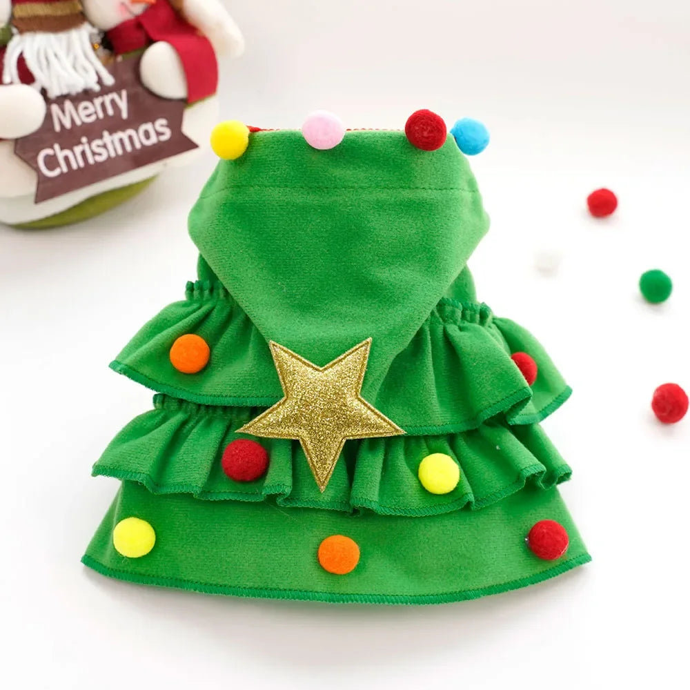 Green Christmas tree-shaped pet costume with colorful decorations.