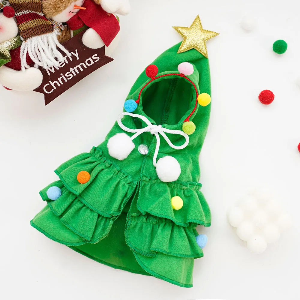 Green Christmas tree-shaped pet costume with colorful decorations .