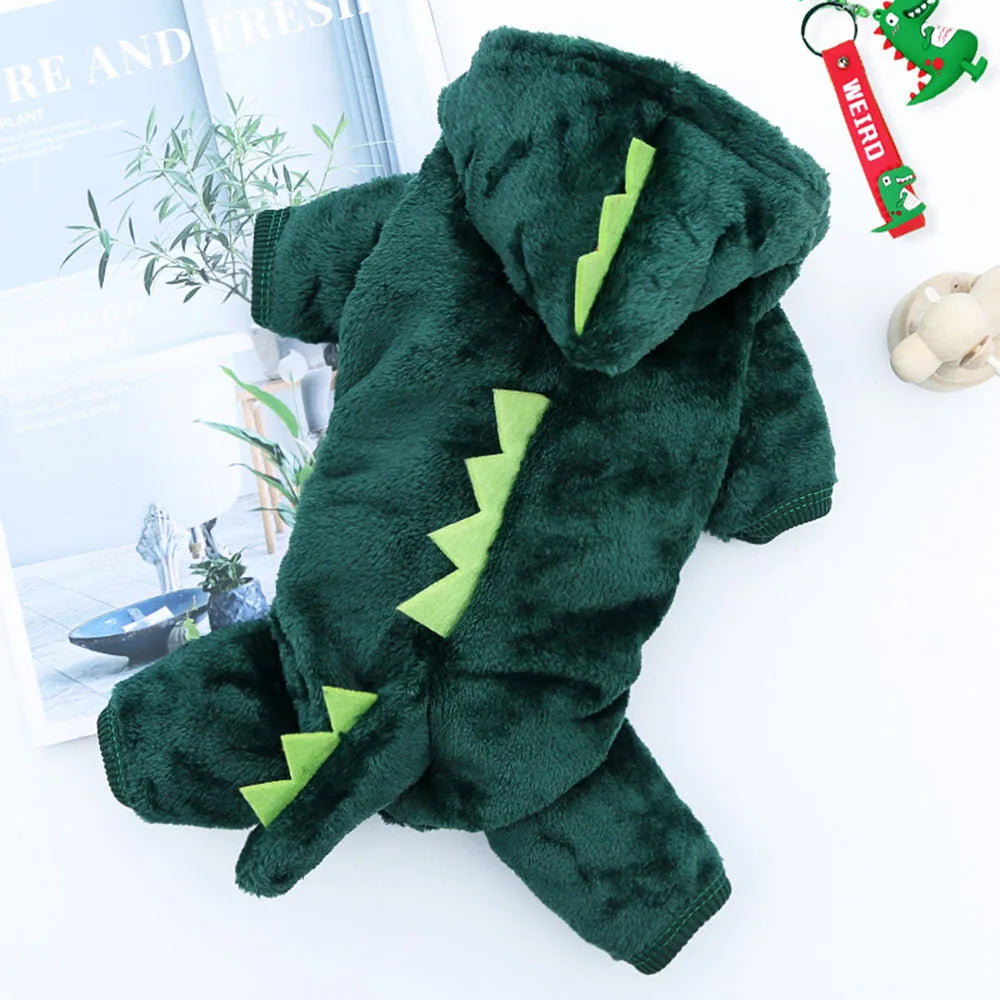 Green dinosaur dog onesie with a hood