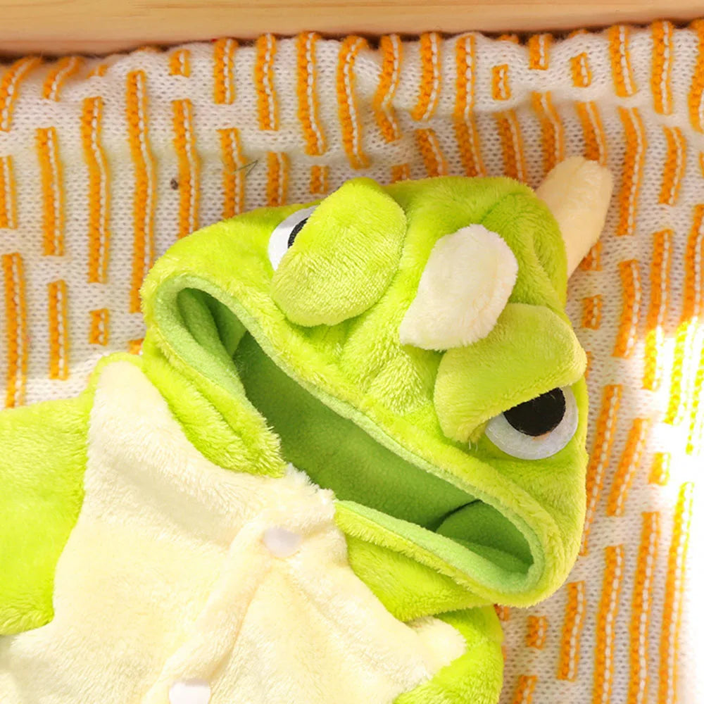 Green plush dog jacket  with a hood on a textured fabric background