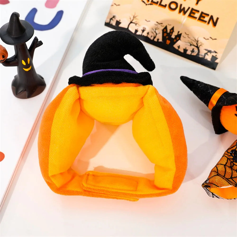 Halloween-themed pet hat with witch hat and pumpkin design on a white background