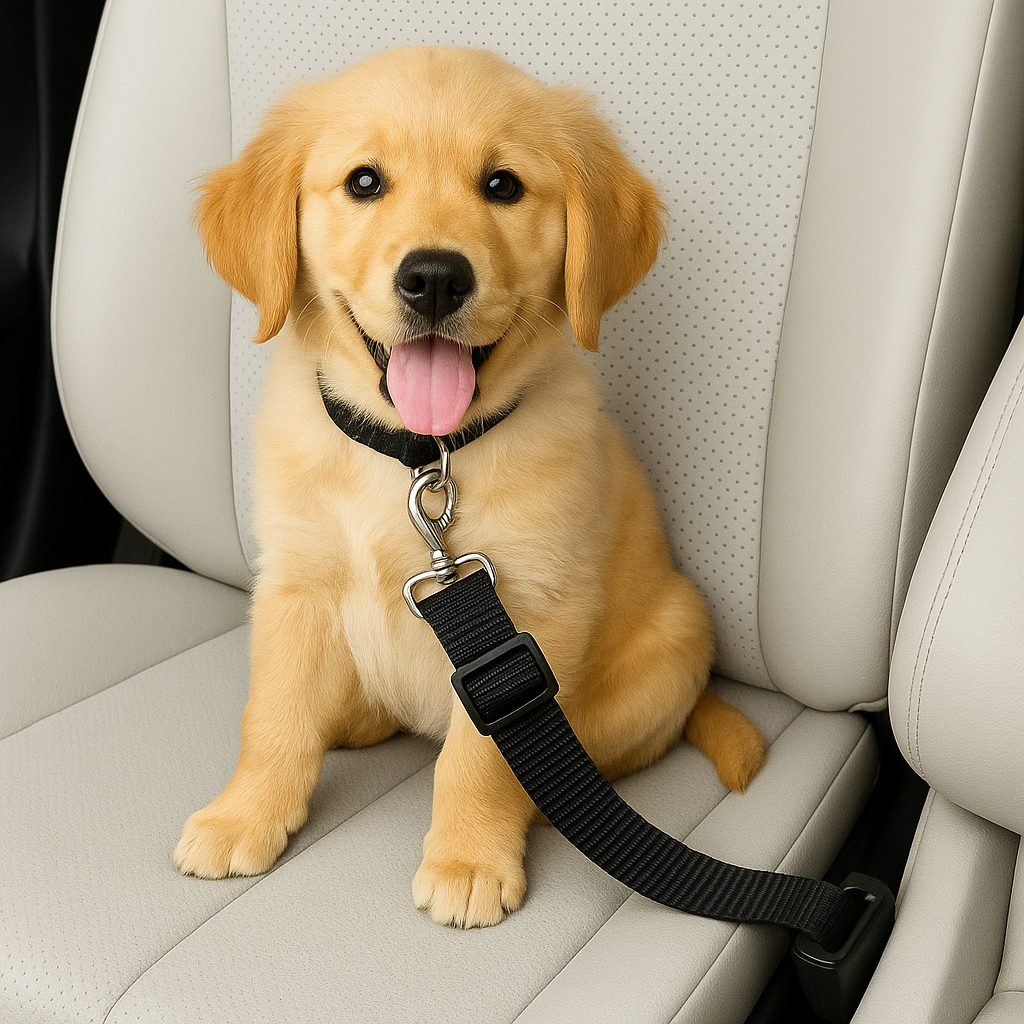 Happy golden retriever puppy sitting in a car with a black car seat belt leash attached.