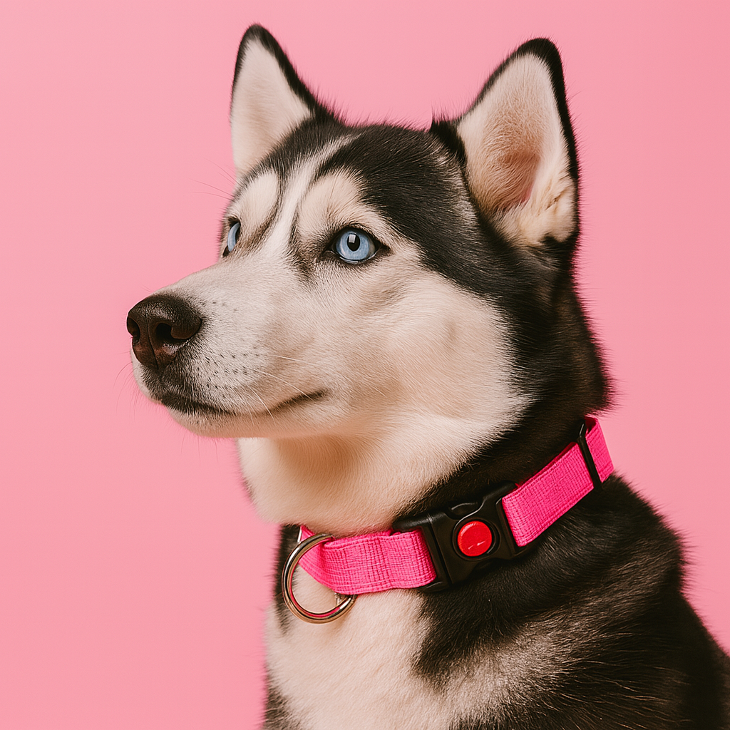Husky dog wearing a pink collar on a pink background