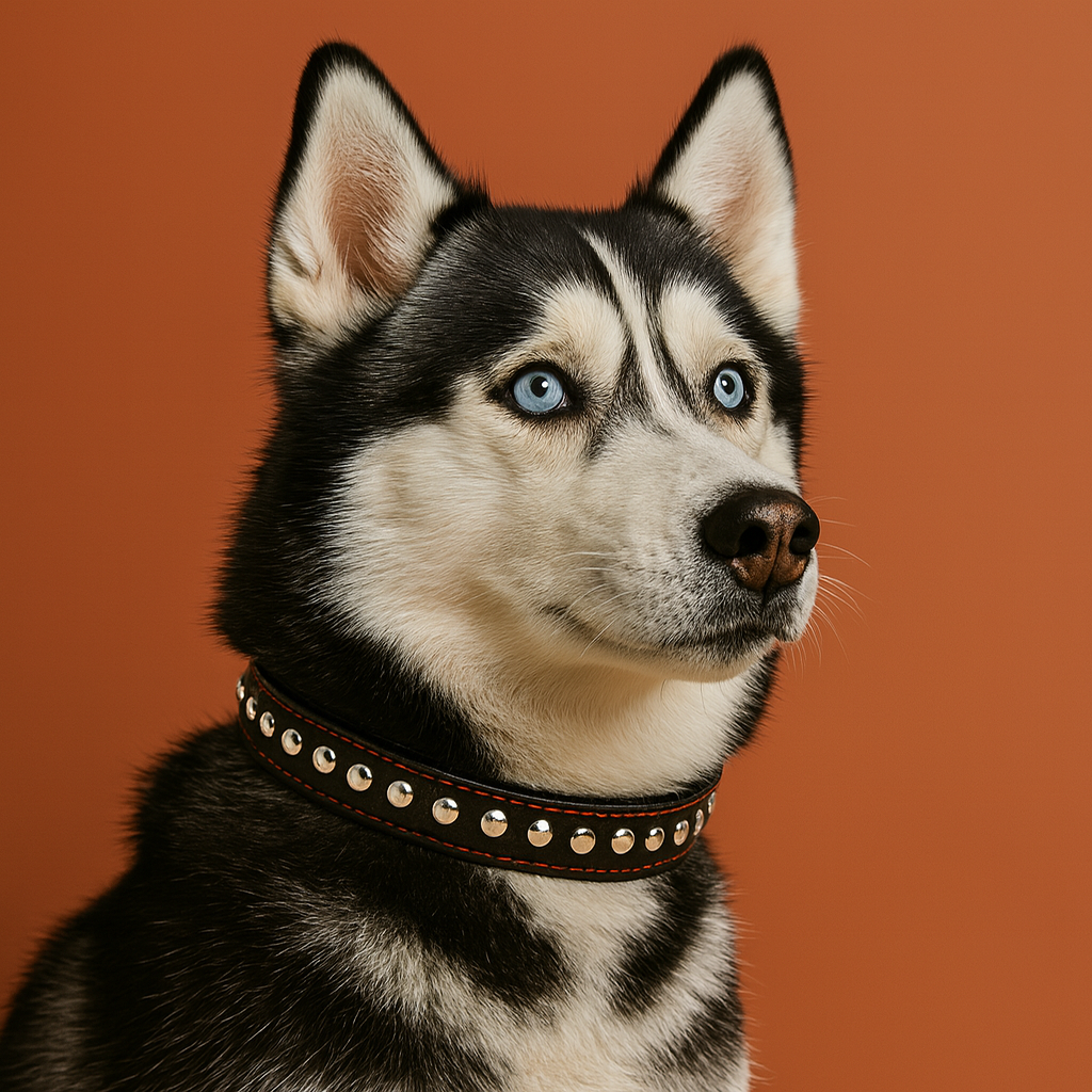 Husky dog with a studded collar on an orange background
