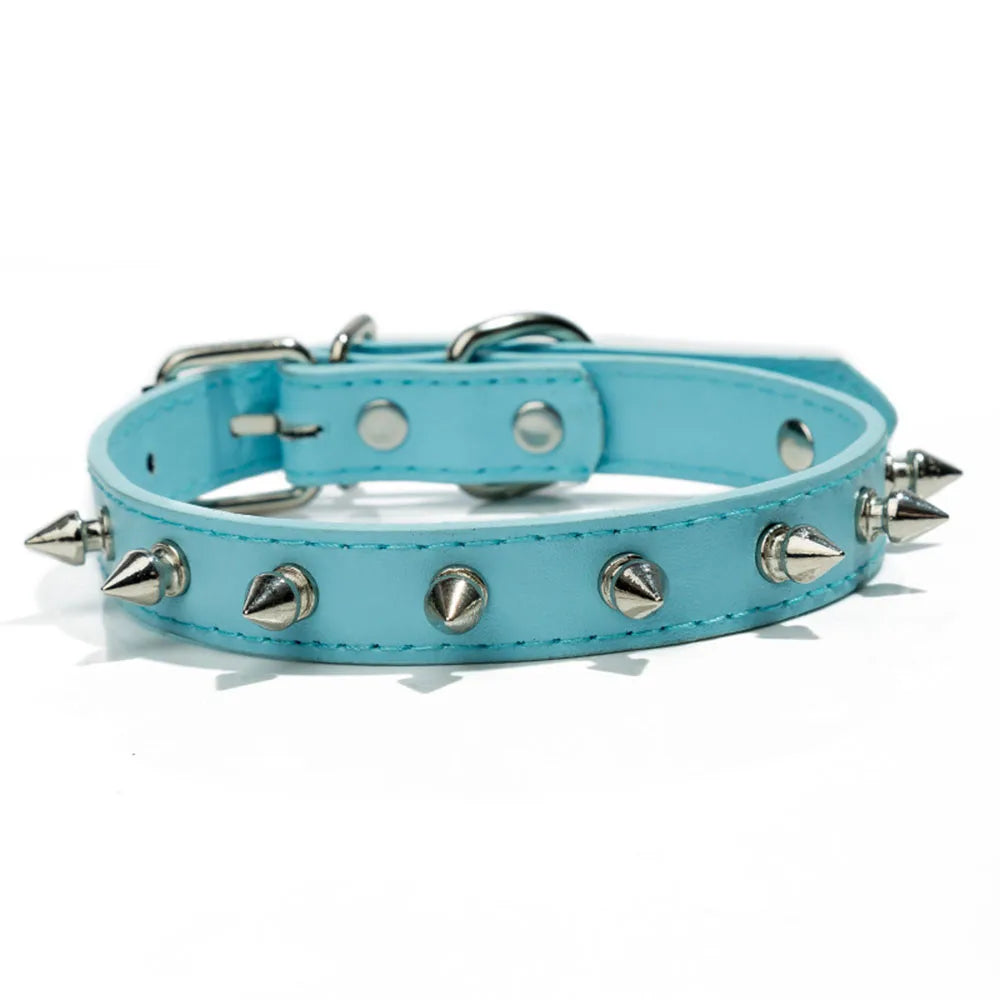 Light Blue Spiked PU Leather Dog Collar for Small Dogs