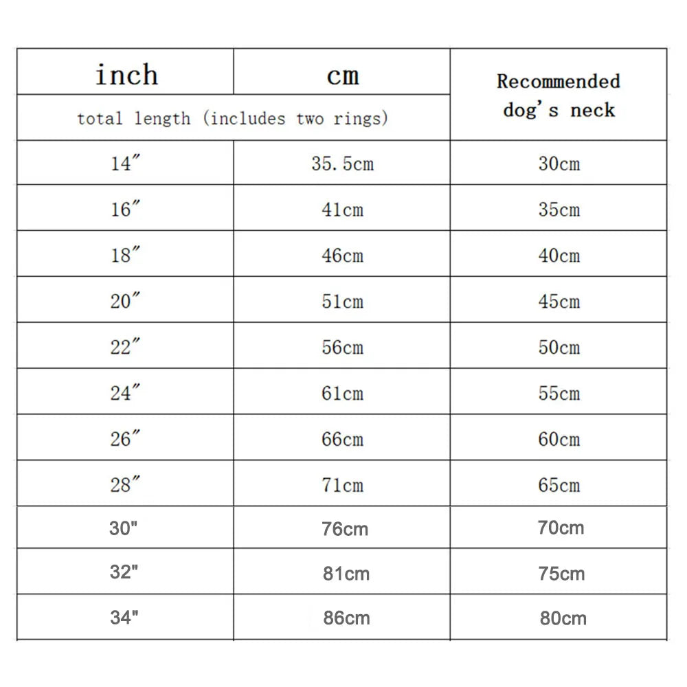 Measurement chart for dog chain collars showing length in inches, centimeters, and recommended dog neck sizes.
