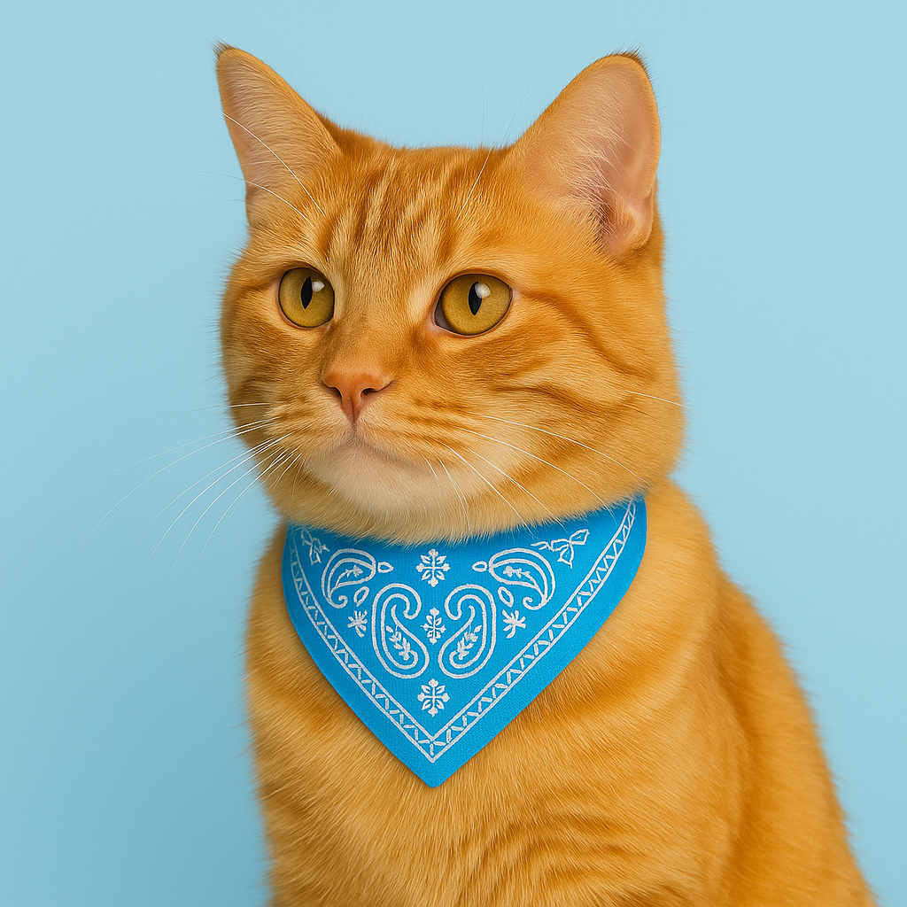Orange cat wearing a blue bandana with white patterns on a light blue background