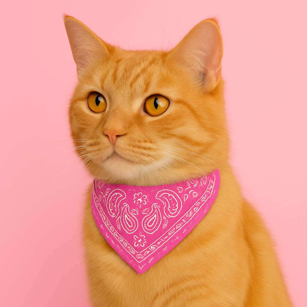 Orange cat wearing a pink bandana on a pink background