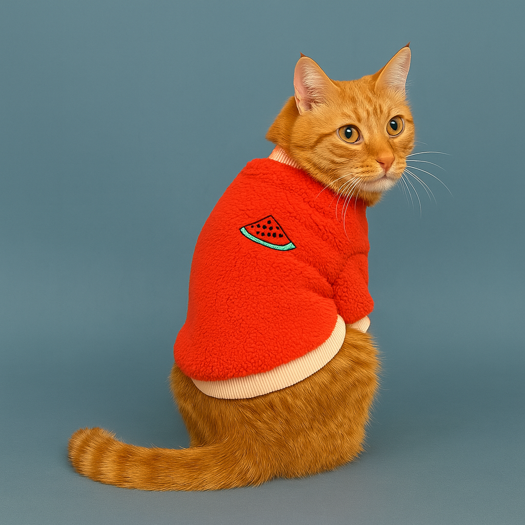 Orange cat wearing a red sweater with a watermelon design on a blue background
