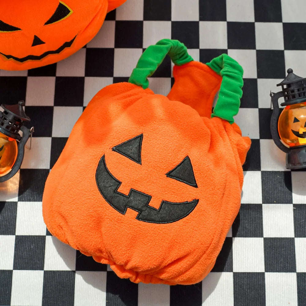 Orange pumpkin-shaped bag with a face on halloween pet costume for parties