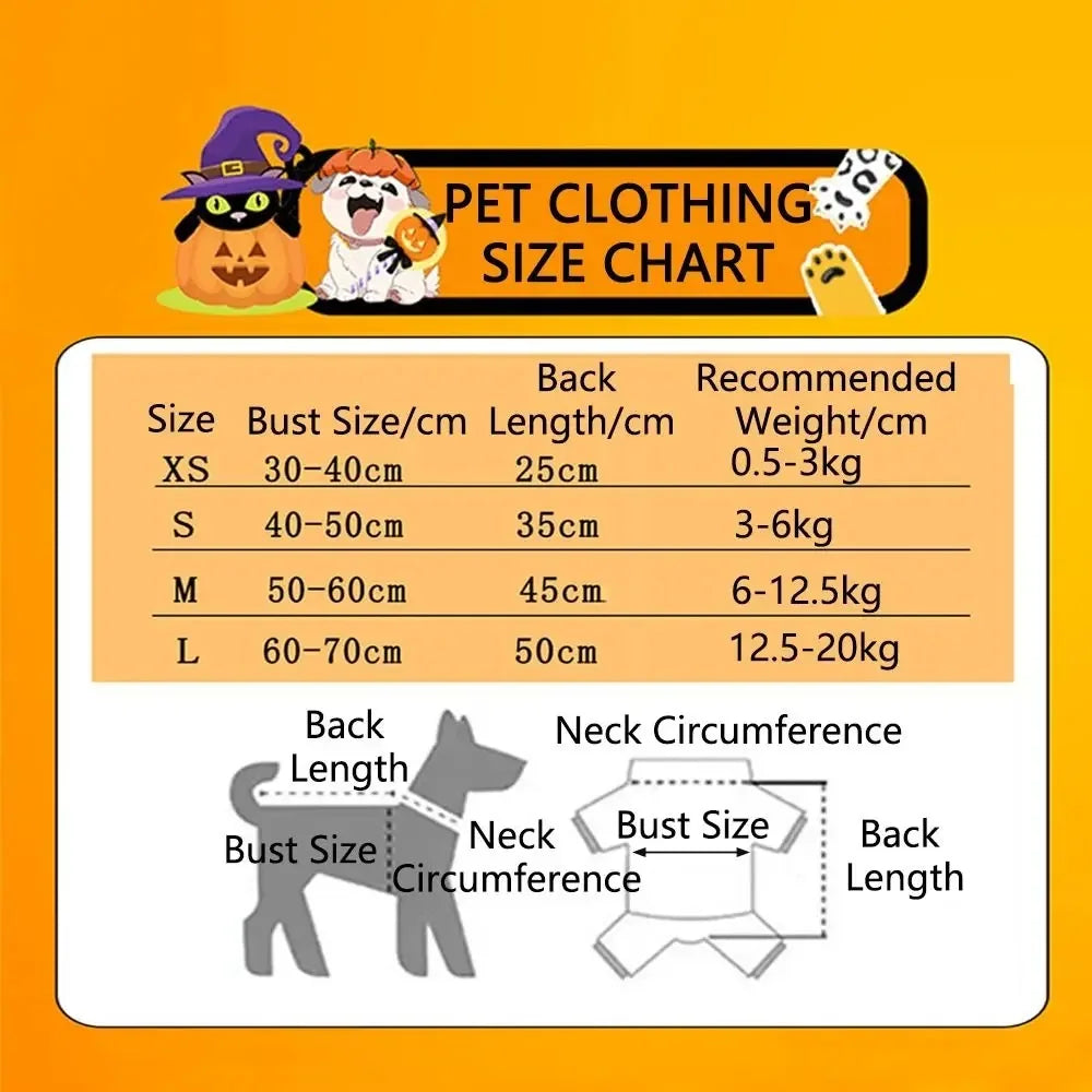 Pet clothing size chart with Halloween-themed graphics on an orange background