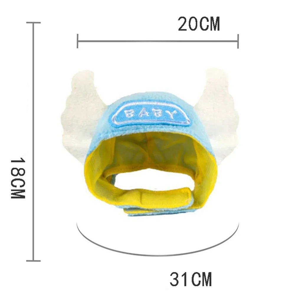 Pet hat with neck support with measurements on a white background