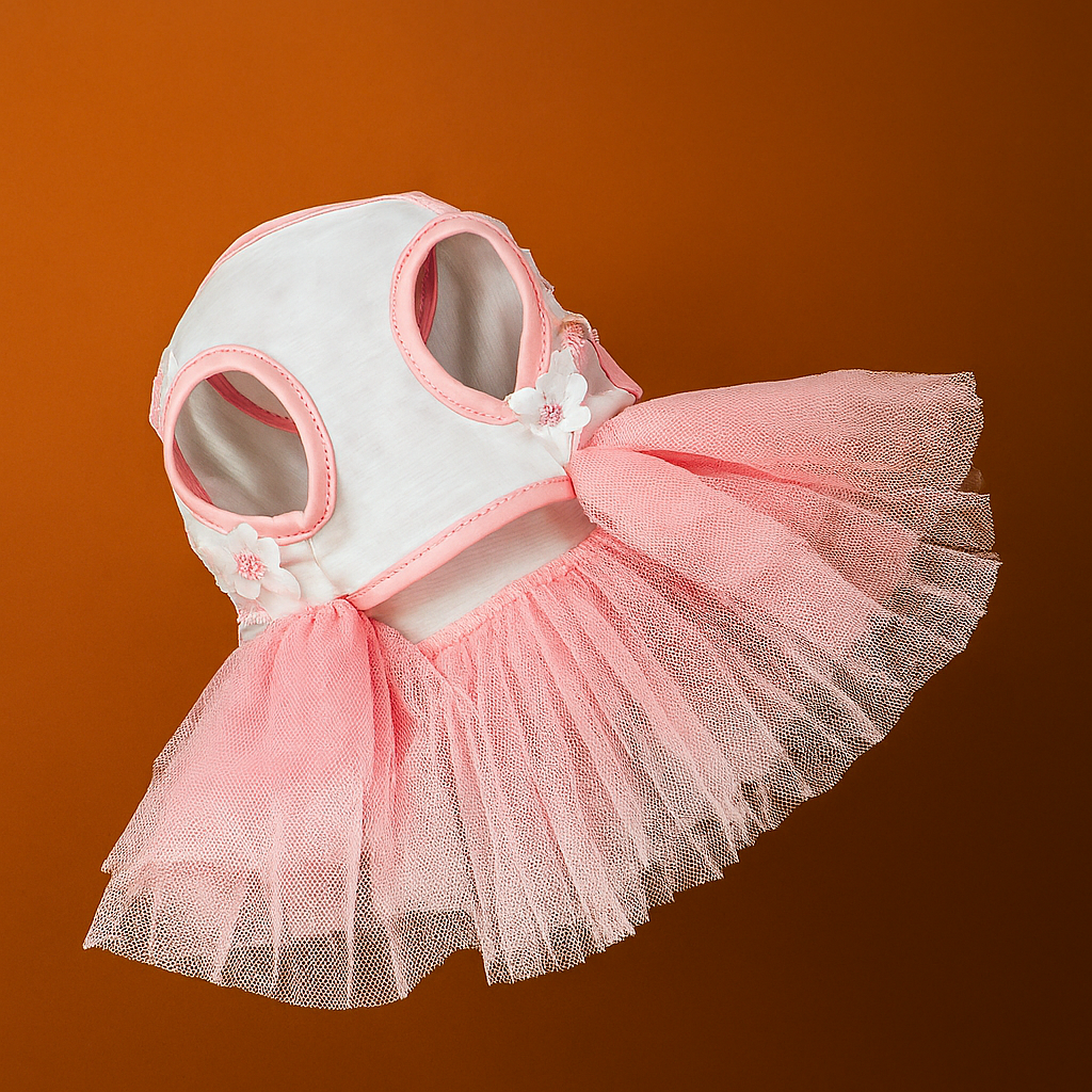 Pet outfit with a white top and pink tutu skirt on an orange background
