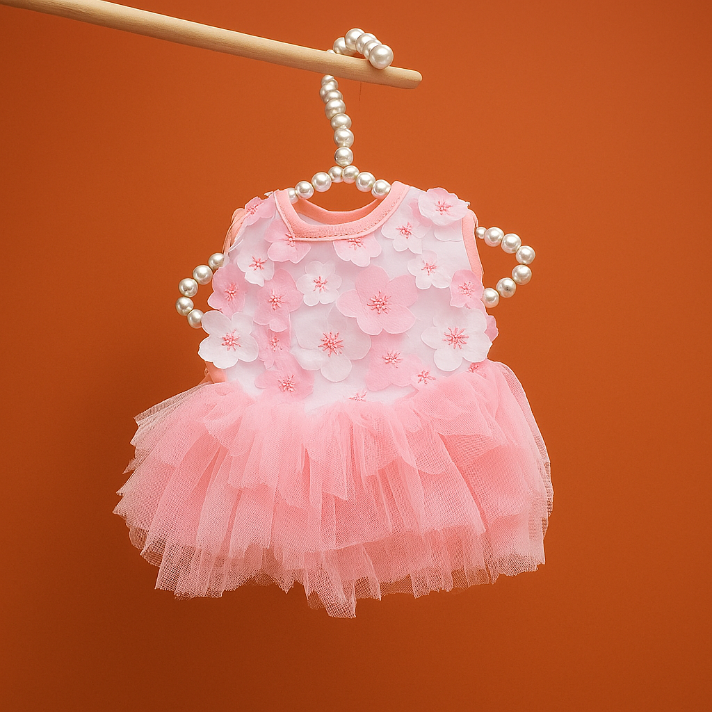 Pink baby dress for pet cats and dog with floral details on a hanger against an orange background