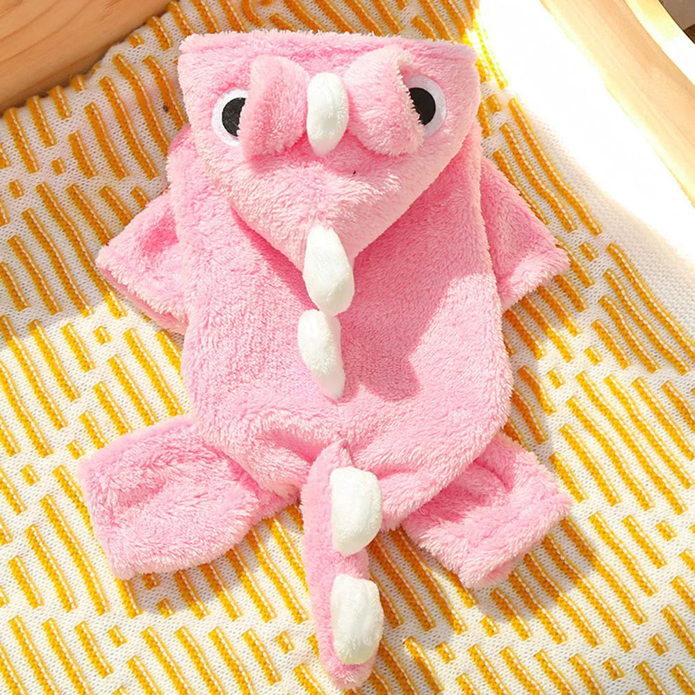Pink plush dog outfit with white accents