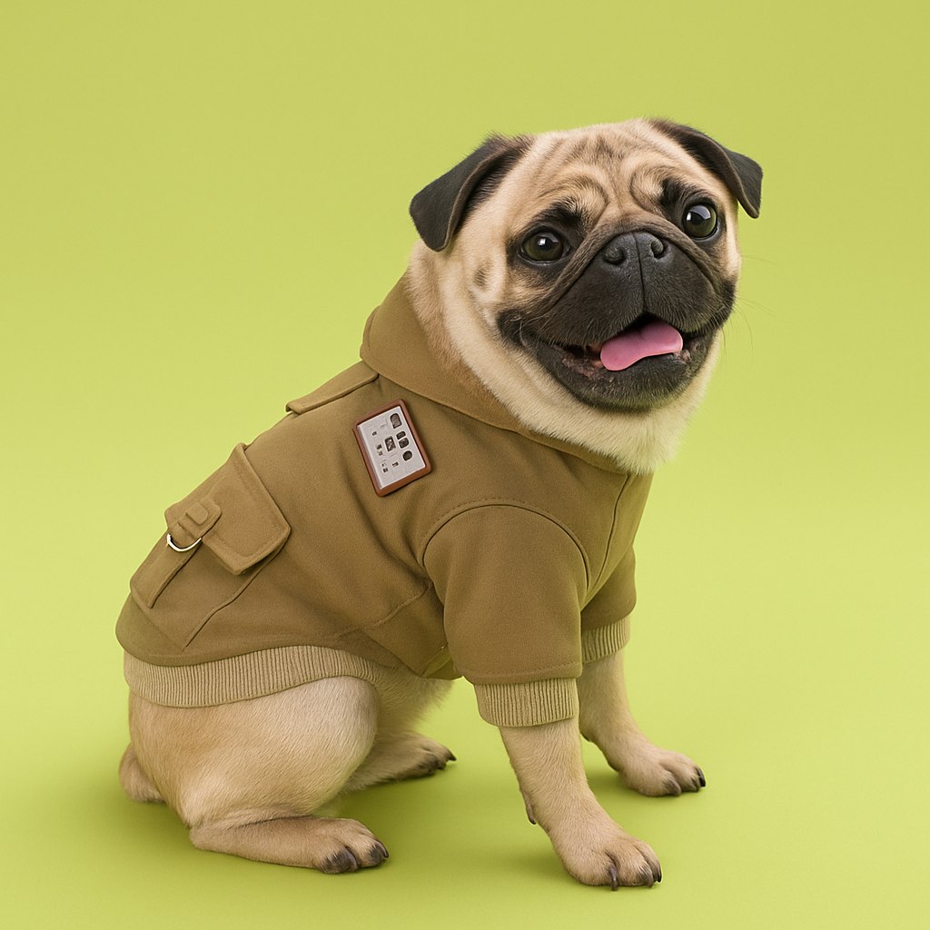 Pug dog wearing a brown coat with a patch on a green background