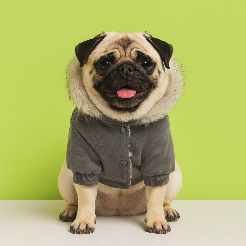 Pug dog wearing a gray hoodie with fur lining on a green background