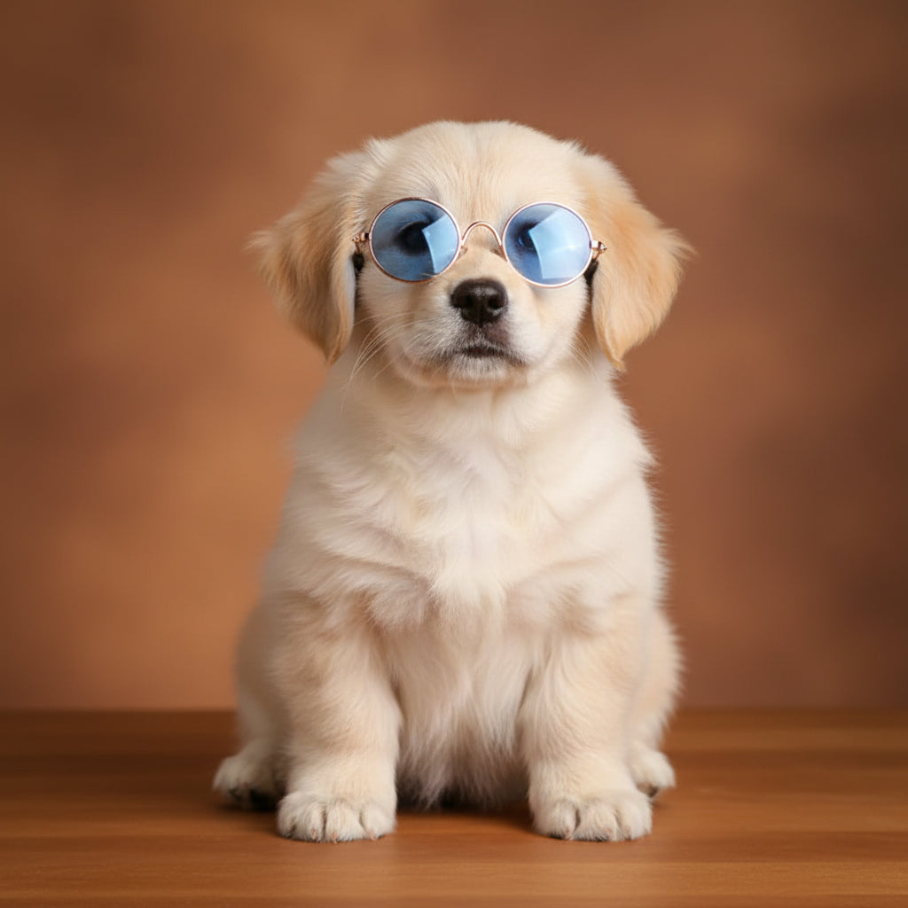 Puppy wearing blue sunglasses 