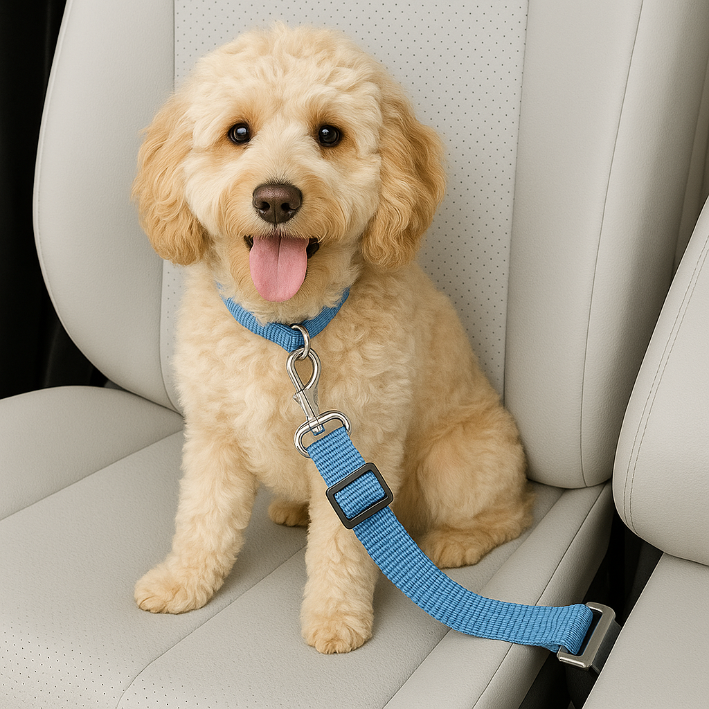 Puppy with a blue collar and car seat belt leash sitting in a car.