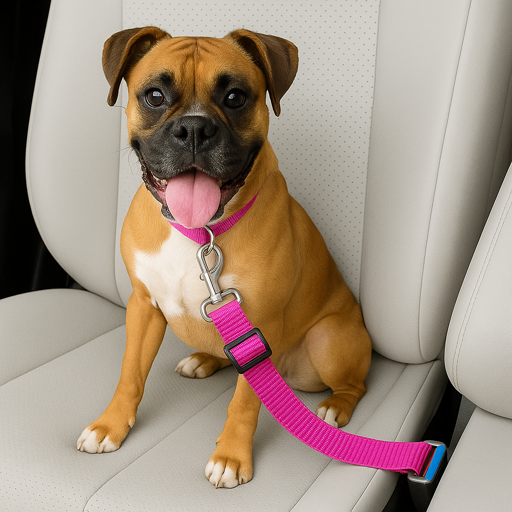 Puppy with a pink collar and car seat belt leash sitting in a car.