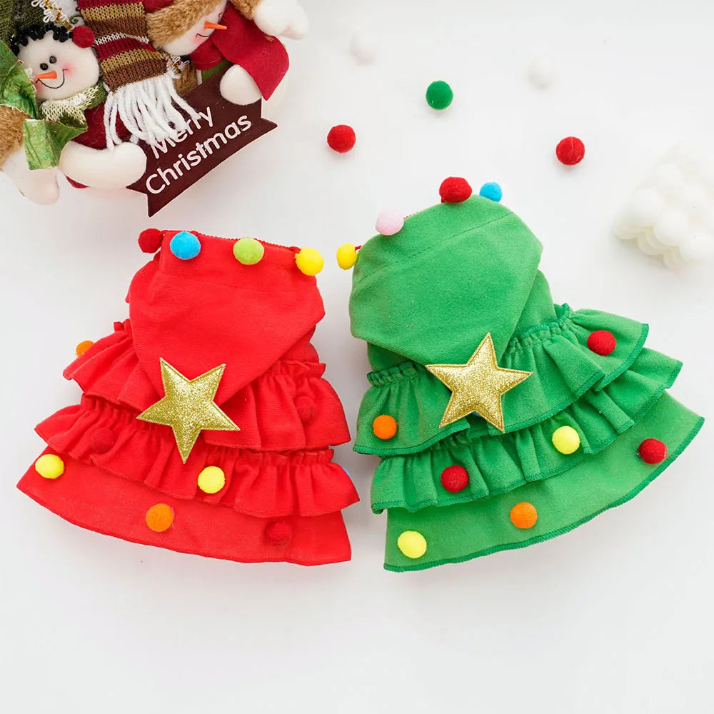 Red and green Christmas-themed pet costumes with star decorations on a white background.