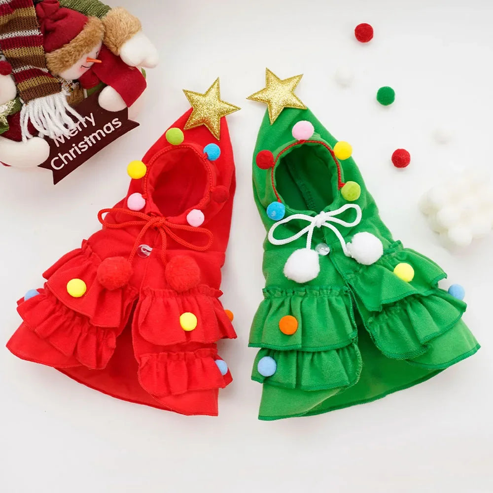 Red and green Christmas tree-shaped pet costume with pom-poms.