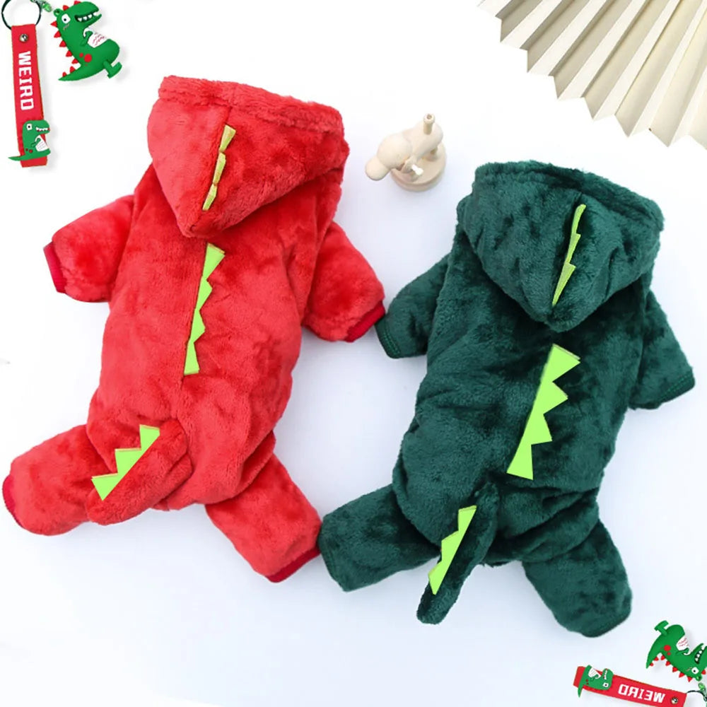 Red and green dinosaur style pet costumes 