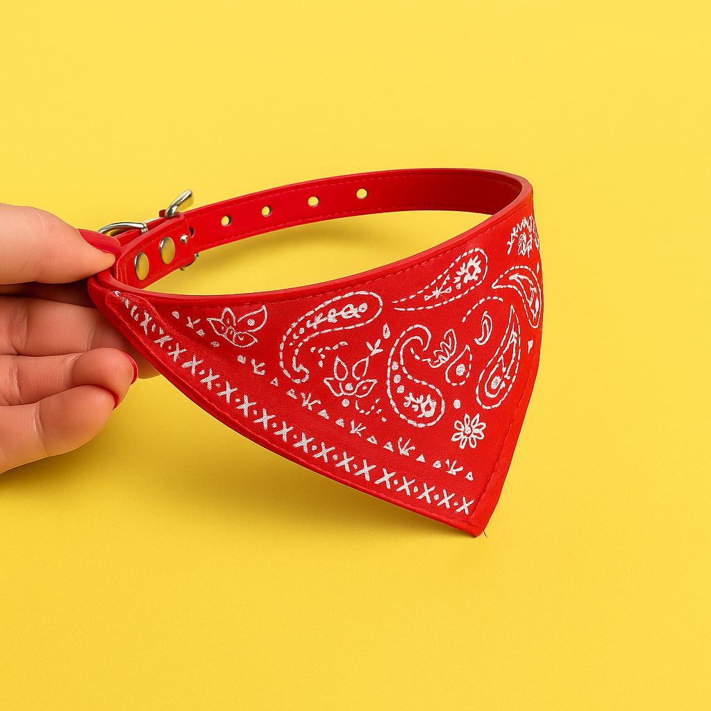 Red bandana with white patterns held by a hand on a yellow background