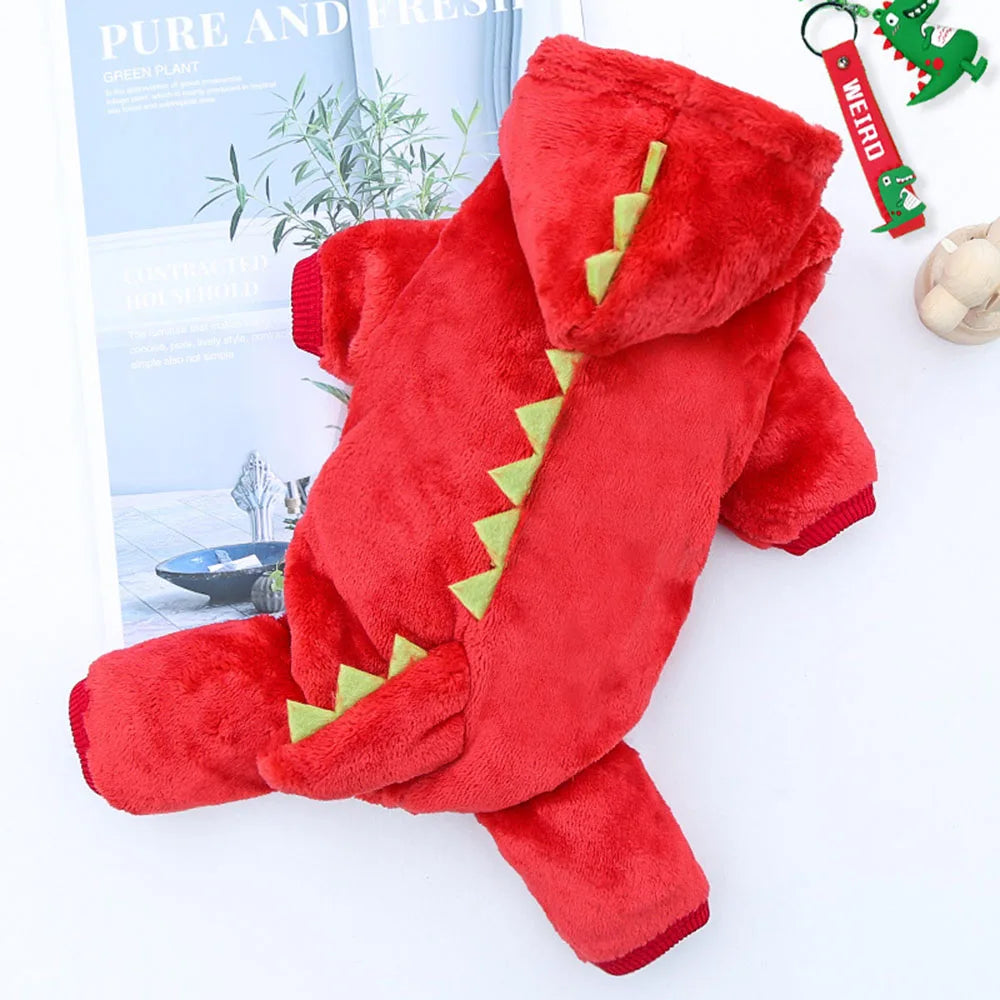 Red dinosaur costume with yellow accents for pet dogs