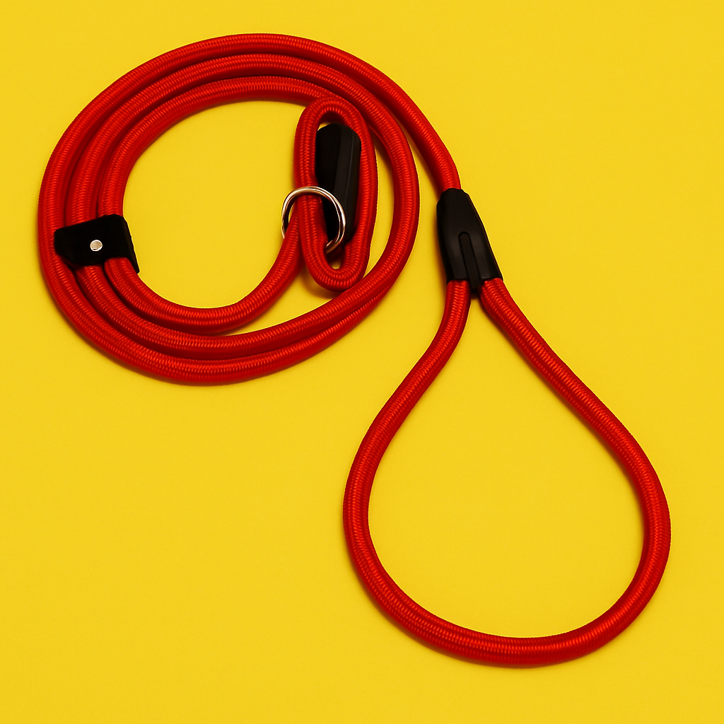 Red dog leash on a yellow background
