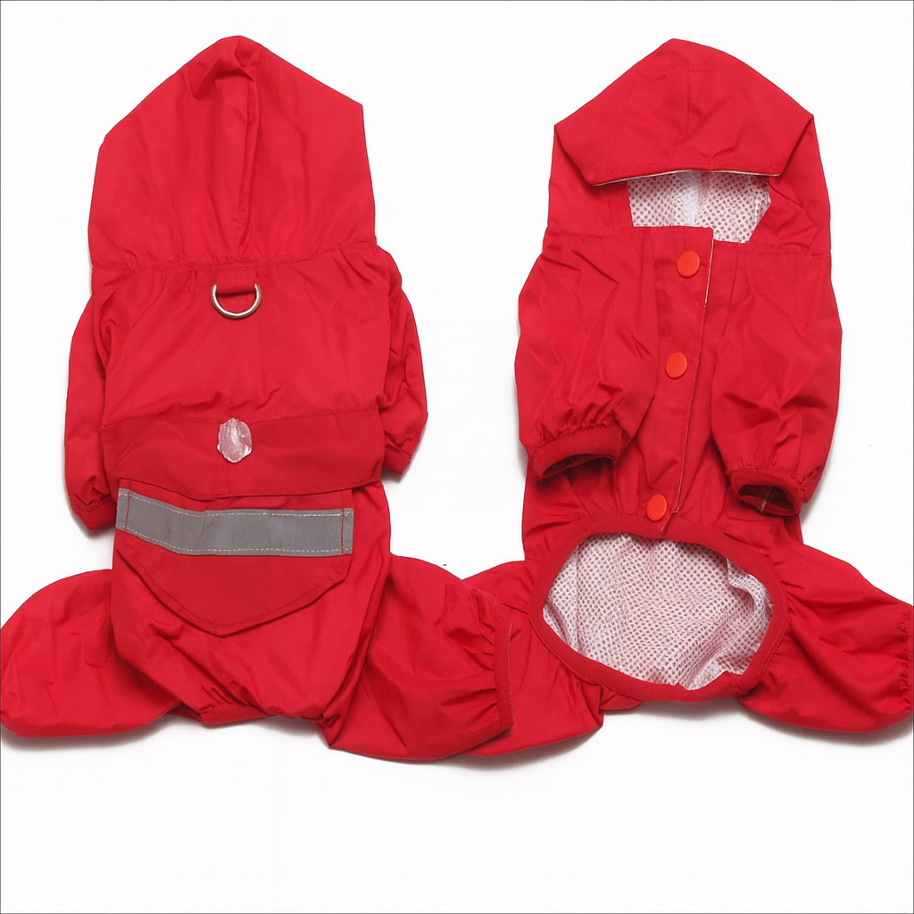 Red dog raincoat with gray waistband on a white background
