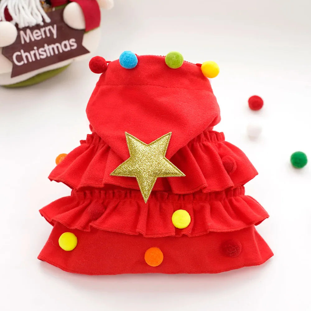 Red pet costume Christmas party dress with star and colorful buttons 